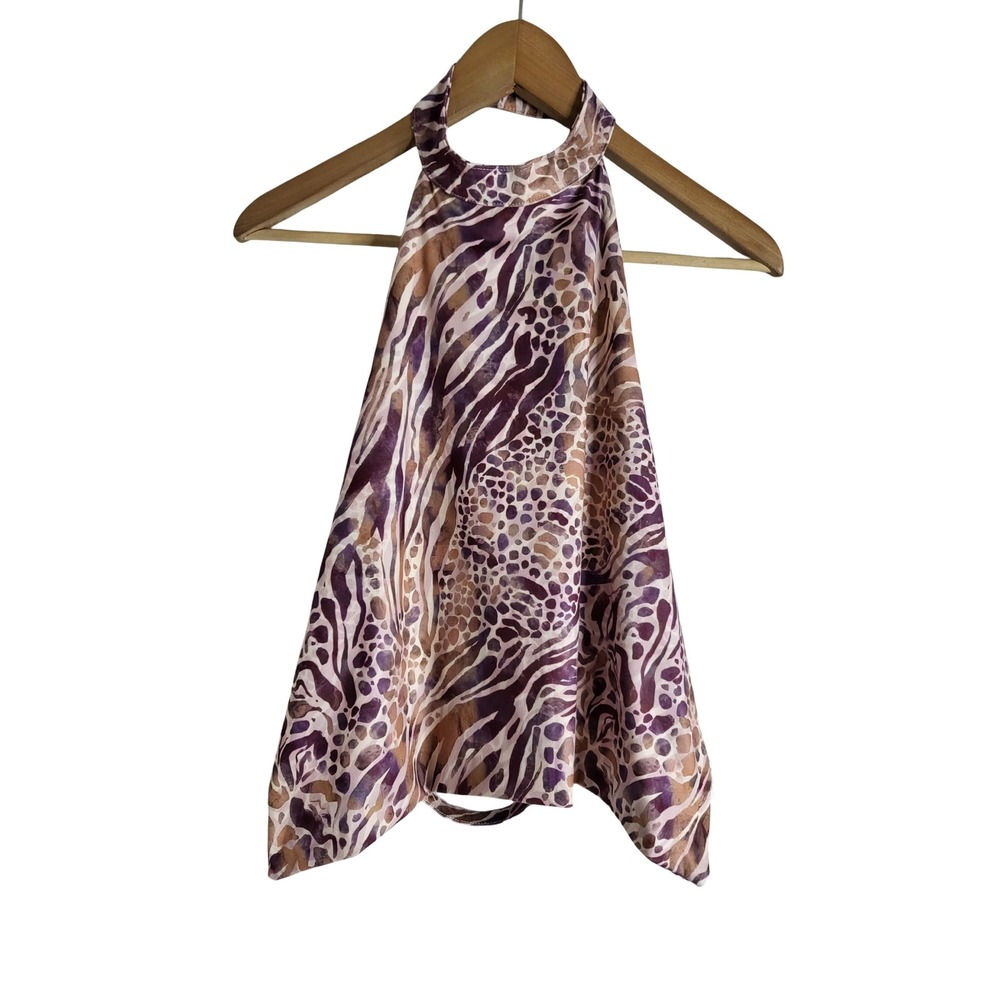 Purple Mixed Animal Print Halter Neck Open Back Top Large Y2K Revival